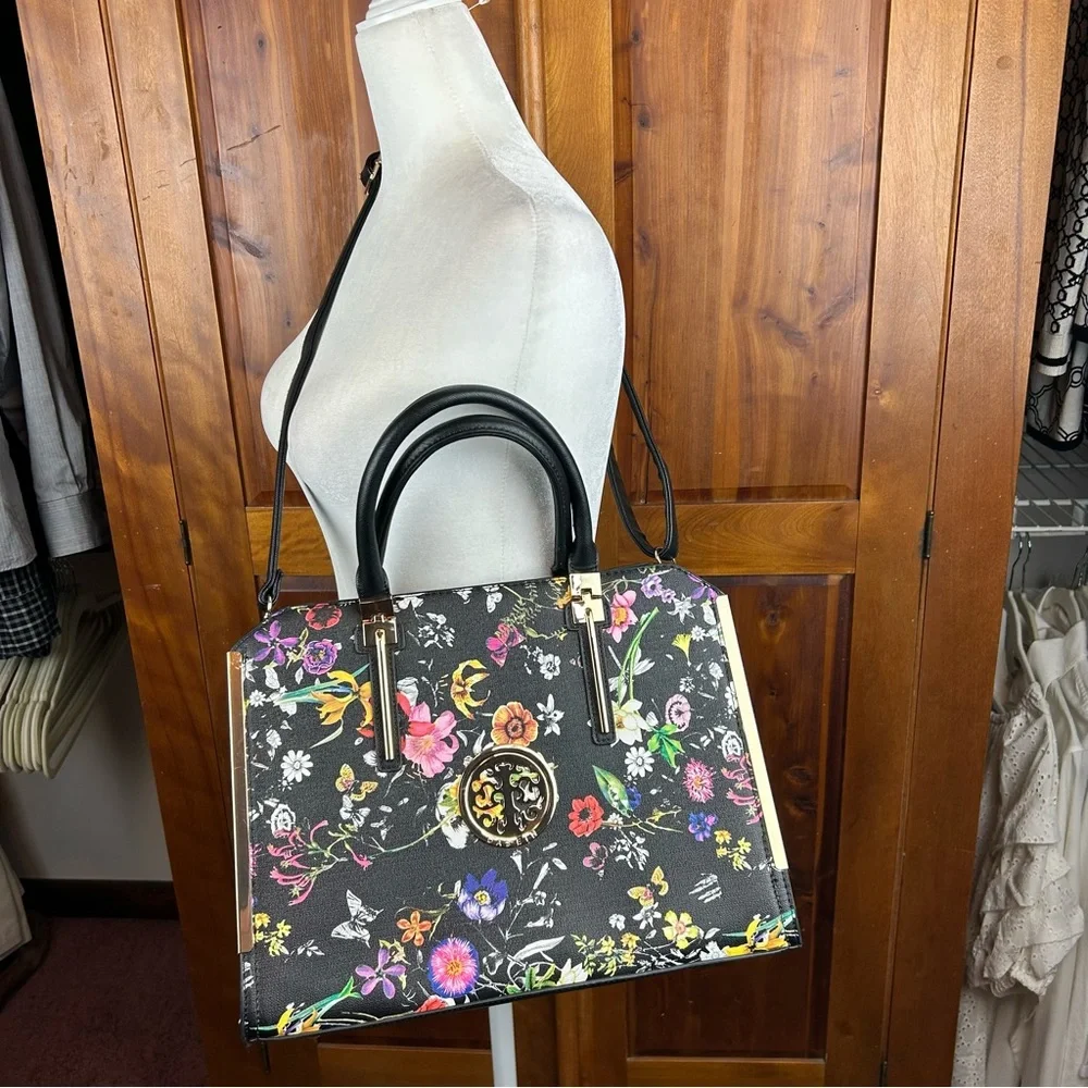 DASEIN Large Vegan Leather Floral Black Flower Satchel Handbag Shoulder Tote